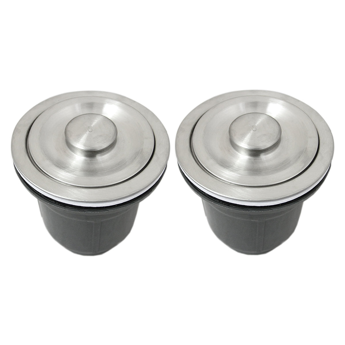 Zwei runde Edelstahl-Abflüsse mit einem glänzenden Deckel und einem schwarzen Gummiring, ideal für eine Doppelspüle in der Küche