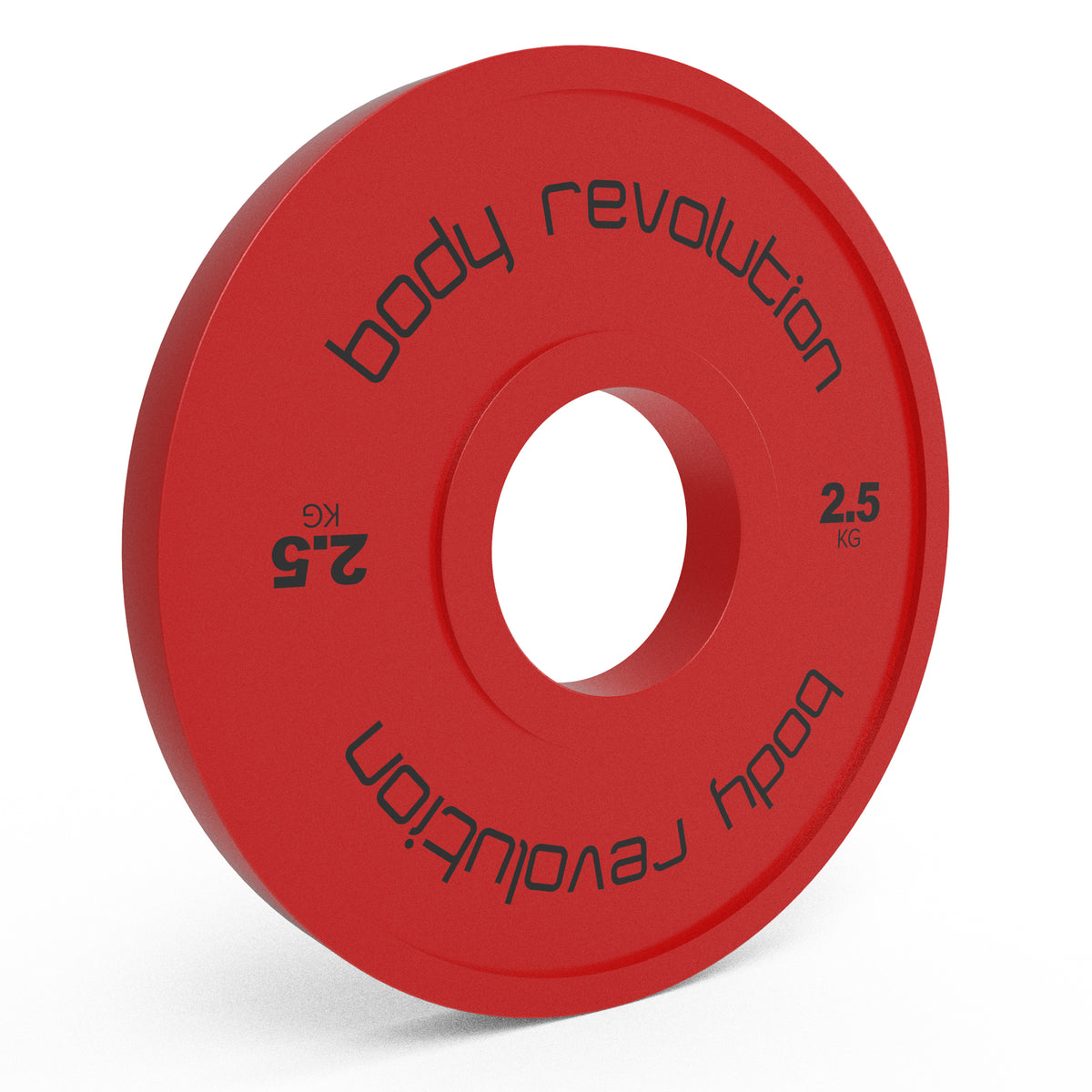 Fraktionierte Bumper-Platte in leuchtendem Rot, 2,5 kg, mit schwarzem Schriftzug "body revolution", robustes Material und glatte Oberfläche