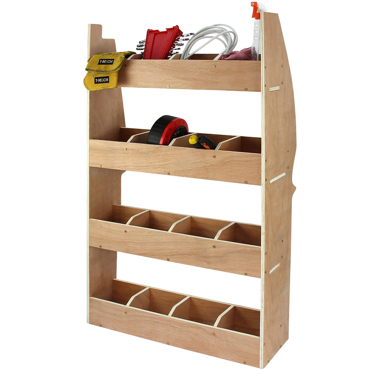 Holzregal für Peugeot Partner II, mit drei offenen Regalen und mehreren Fächern, ideal zur Aufbewahrung von Werkzeugen und Zubehör, naturfarbenes Holz