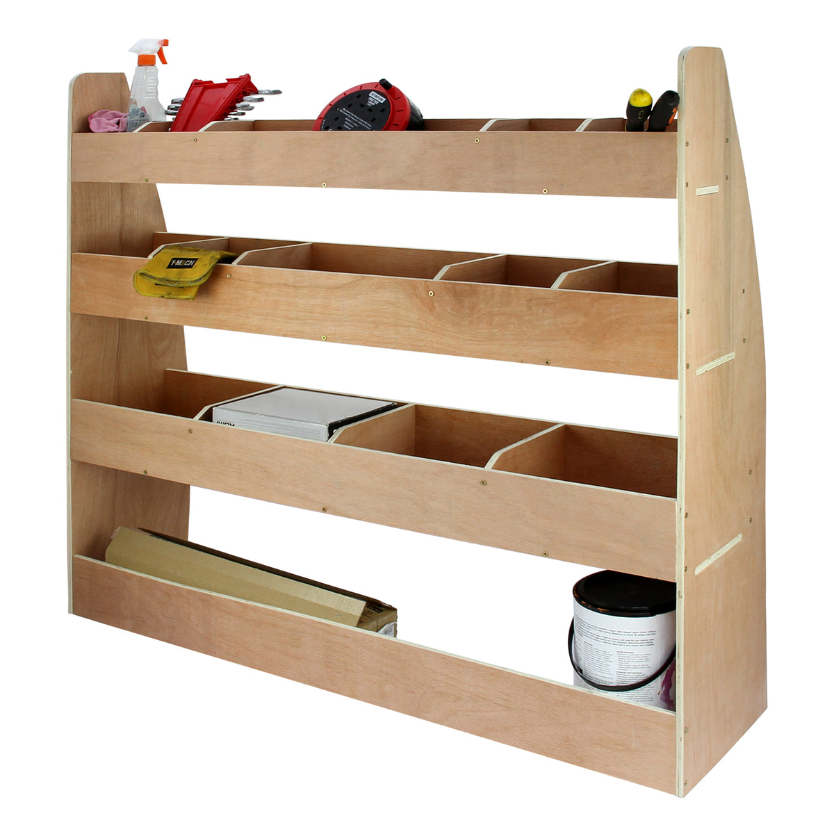 Holzregal für VW Caddy mit drei offenen Fächern und mehreren Aufbewahrungskästen, ideal für Werkzeuge und Zubehör, in natürlichem Holzton