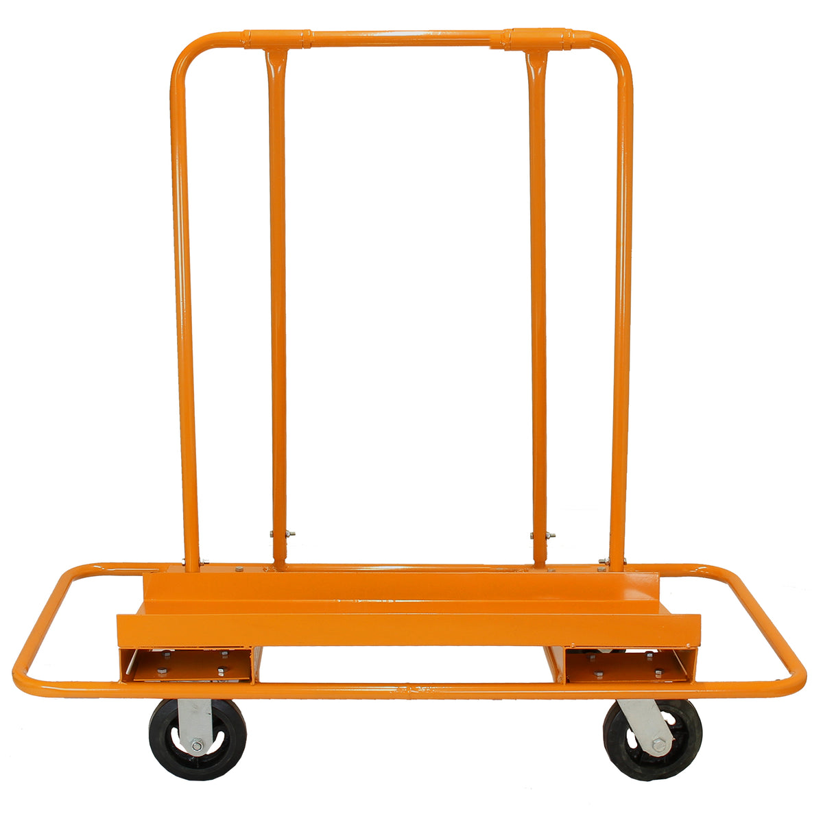 Robuster orangefarbener Transportwagen für Gipskartonplatten mit zwei stabilen Griffen, vier Rollen und einer Tragfähigkeit von 1000 kg