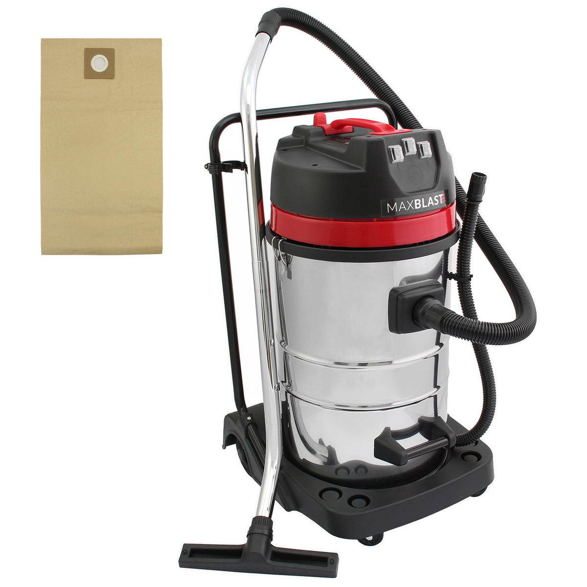 MAXBLAST 80L Staubsaugerbeutel Filterbeutel in braun, 5er-Pack, passend für leistungsstarke Staubsauger mit robustem, glänzendem Metallkörper und rotem Deckel