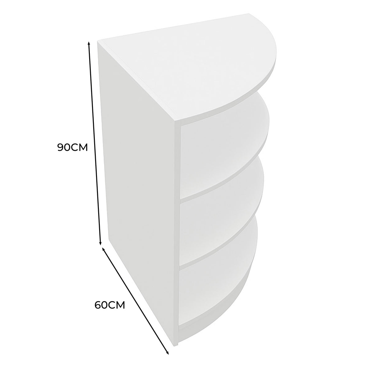 Eckige Ladentheke in Weiß mit vier offenen Regalen, 90 cm hoch und 60 cm breit, ideal für platzsparende Verkaufsflächen