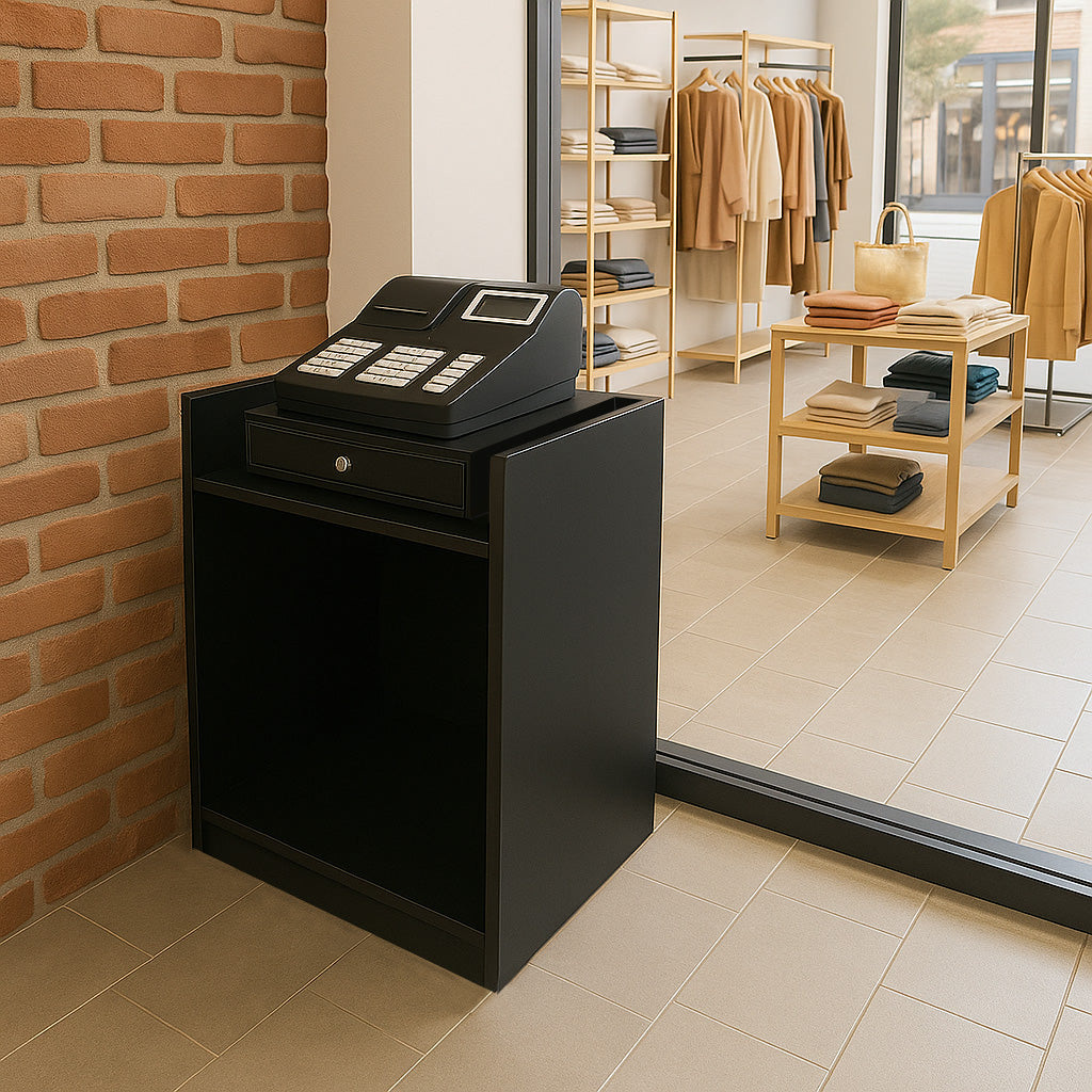 Schwarze Ladentheke mit Kassenblock, modernem Design und glatter Oberfläche, platziert in einem stilvollen Geschäft mit Kleidung im Hintergrund