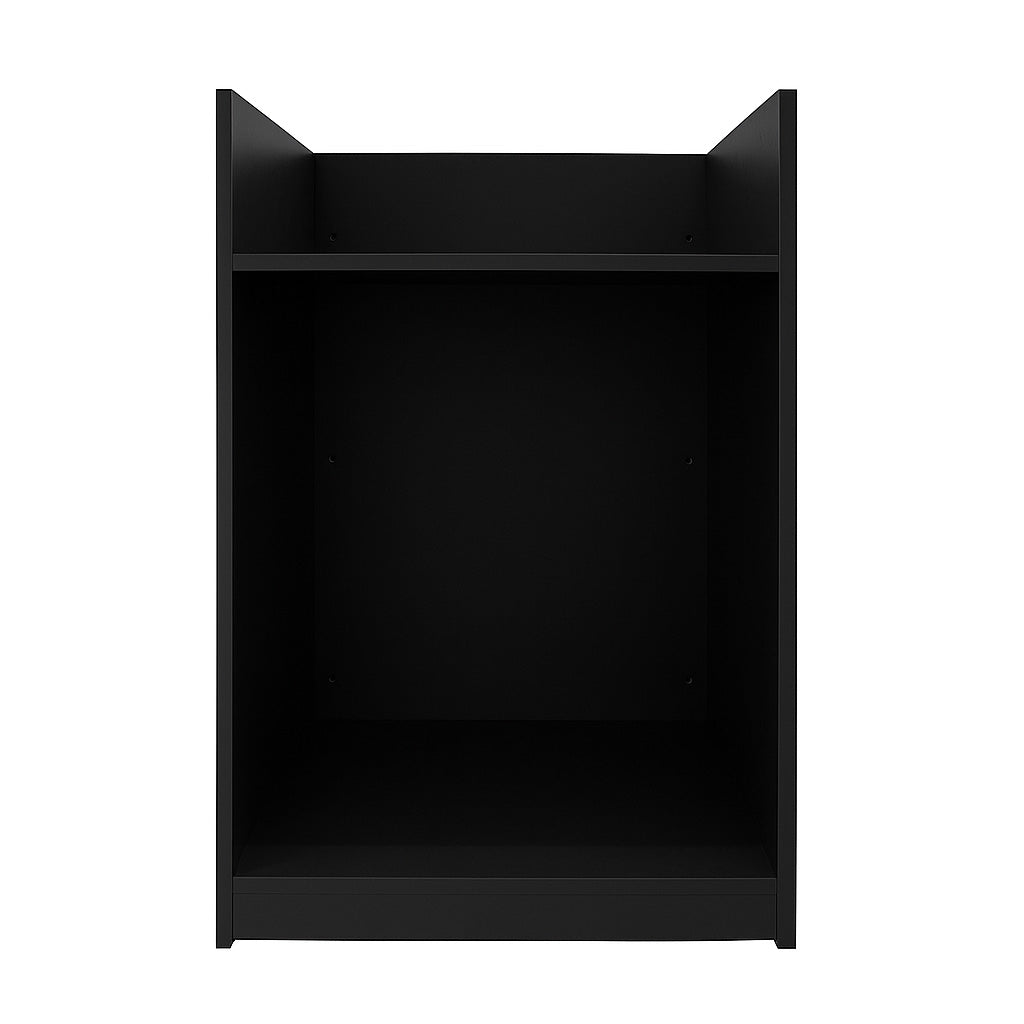 Schlichte schwarze Ladentheke mit Kassenblock, aus robustem Material, bietet offenen Stauraum und klare Linien für moderne Verkaufsräume