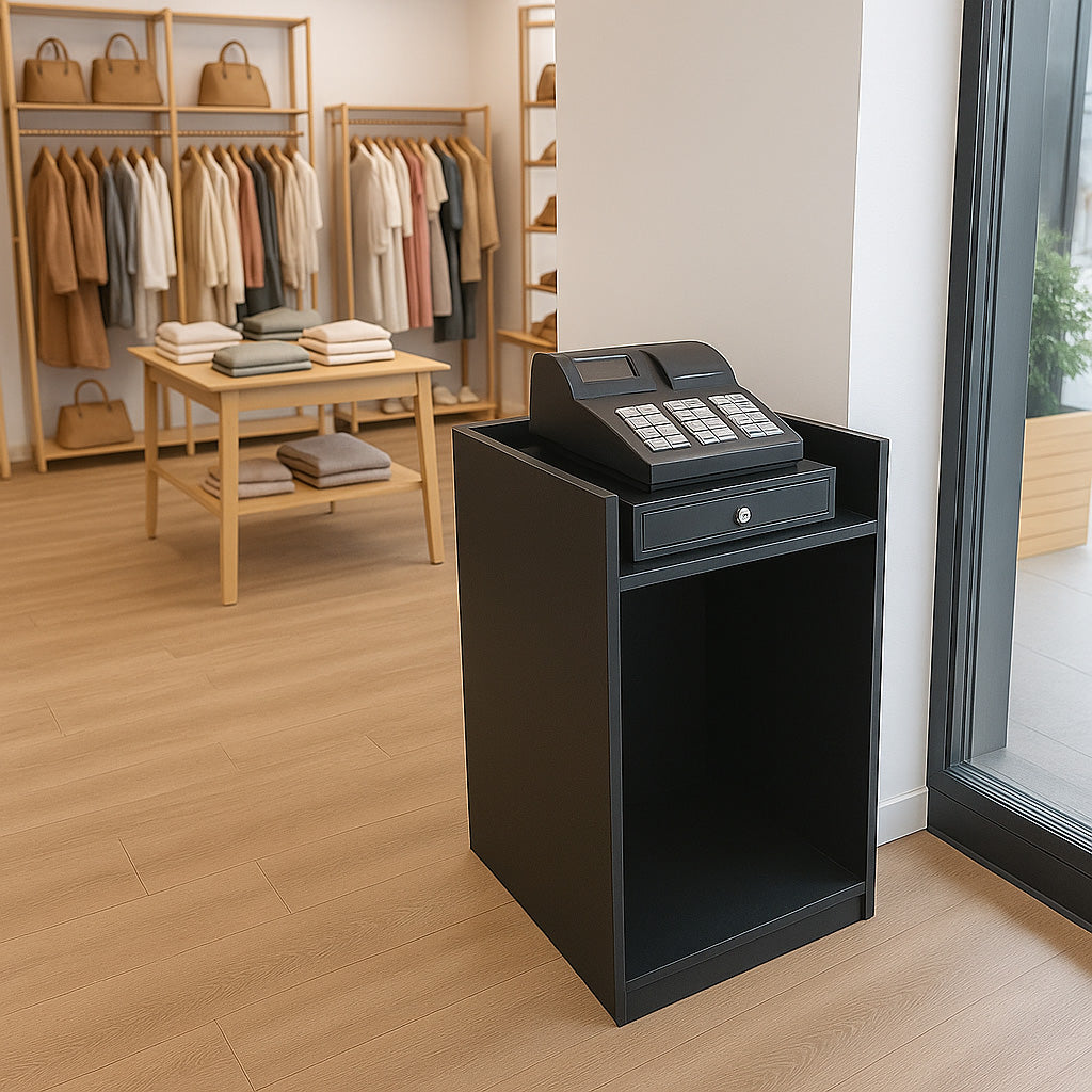 Schwarze Ladentheke mit Kassenblock, modernem Design und glatter Oberfläche, steht in einem hellen Geschäft mit Kleidung und Accessoires im Hintergrund
