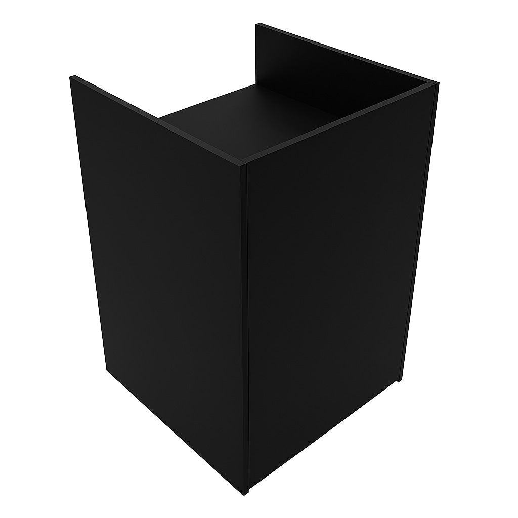 Schwarze Ladentheke mit Kassenblock, modernes Design, klare Linien, aus robustem Material, ideal für Einzelhandelsgeschäfte und Verkaufsflächen