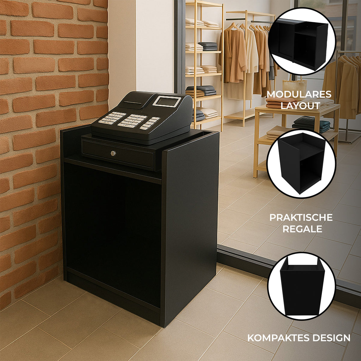 Schwarze Ladentheke mit Kassenblock, modernem, kompaktem Design und praktischen Regalen, ideal für Verkaufsräume und Einzelhandel