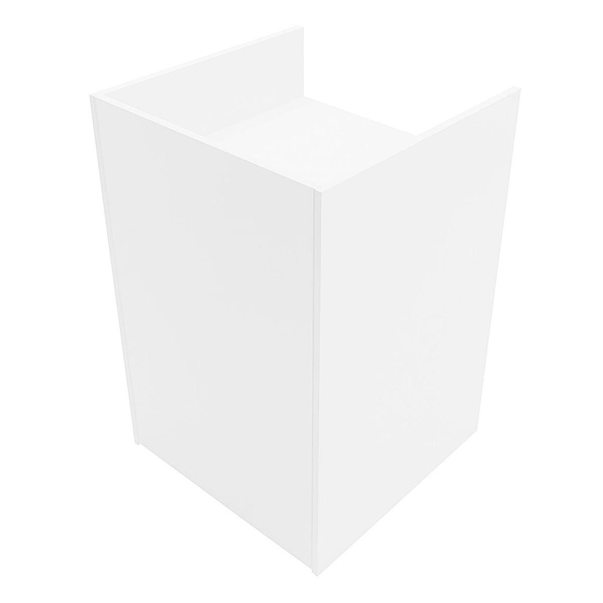 Moderne, weiße Ladentheke mit Kassenblock, aus glattem Material, rechteckige Form, ideal für Einzelhandelsgeschäfte und Empfangsbereiche