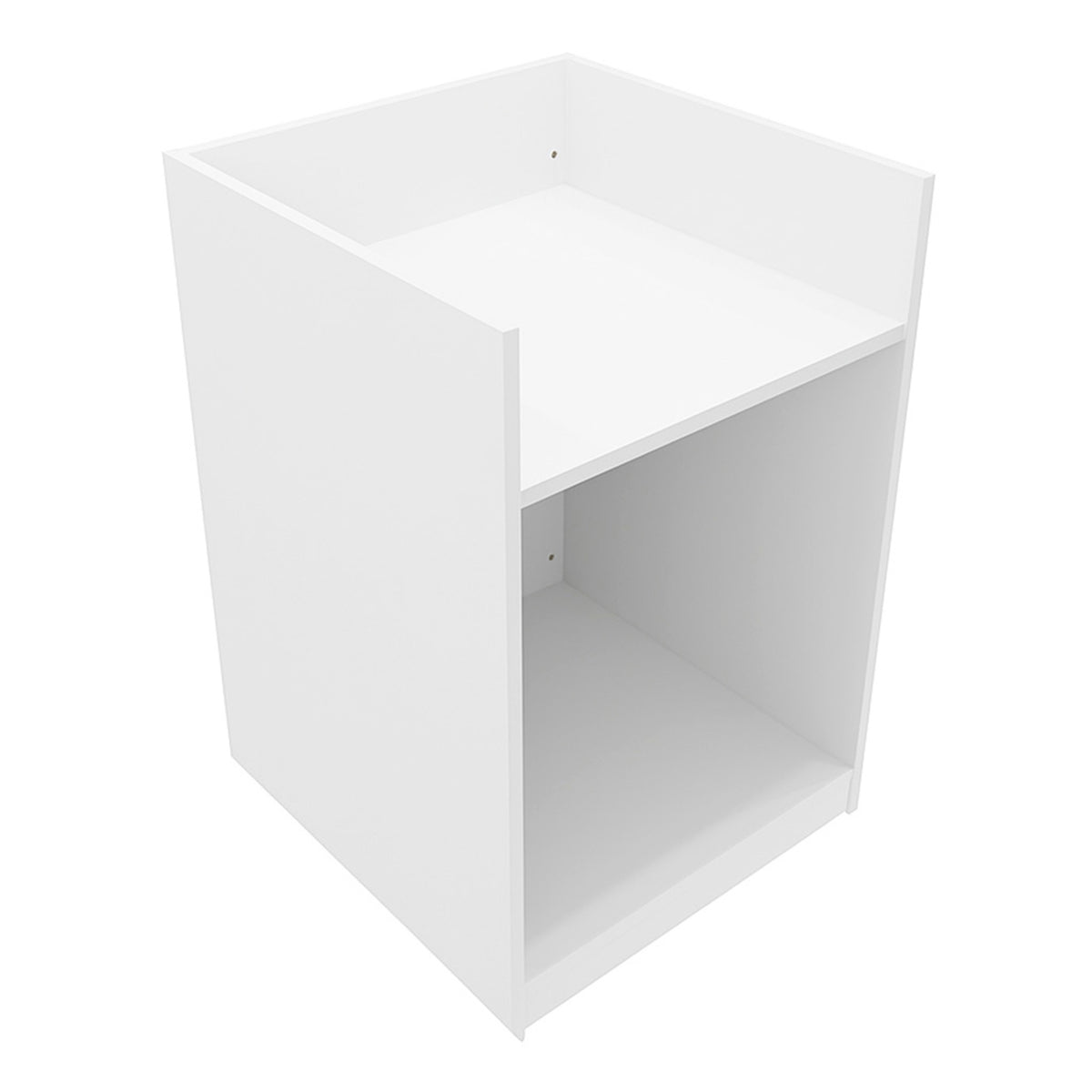 Moderne, weiße Ladentheke mit Kassenblock, rechteckig, aus glattem Holzmaterial, ideal für Verkaufsräume und Empfangsbereiche