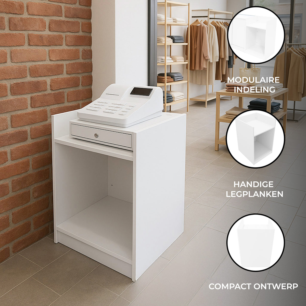 Moderne, weiße Ladentheke mit Kassenblock, kompaktem Design und praktischen Ablageflächen, ideal für Einzelhandelsgeschäfte