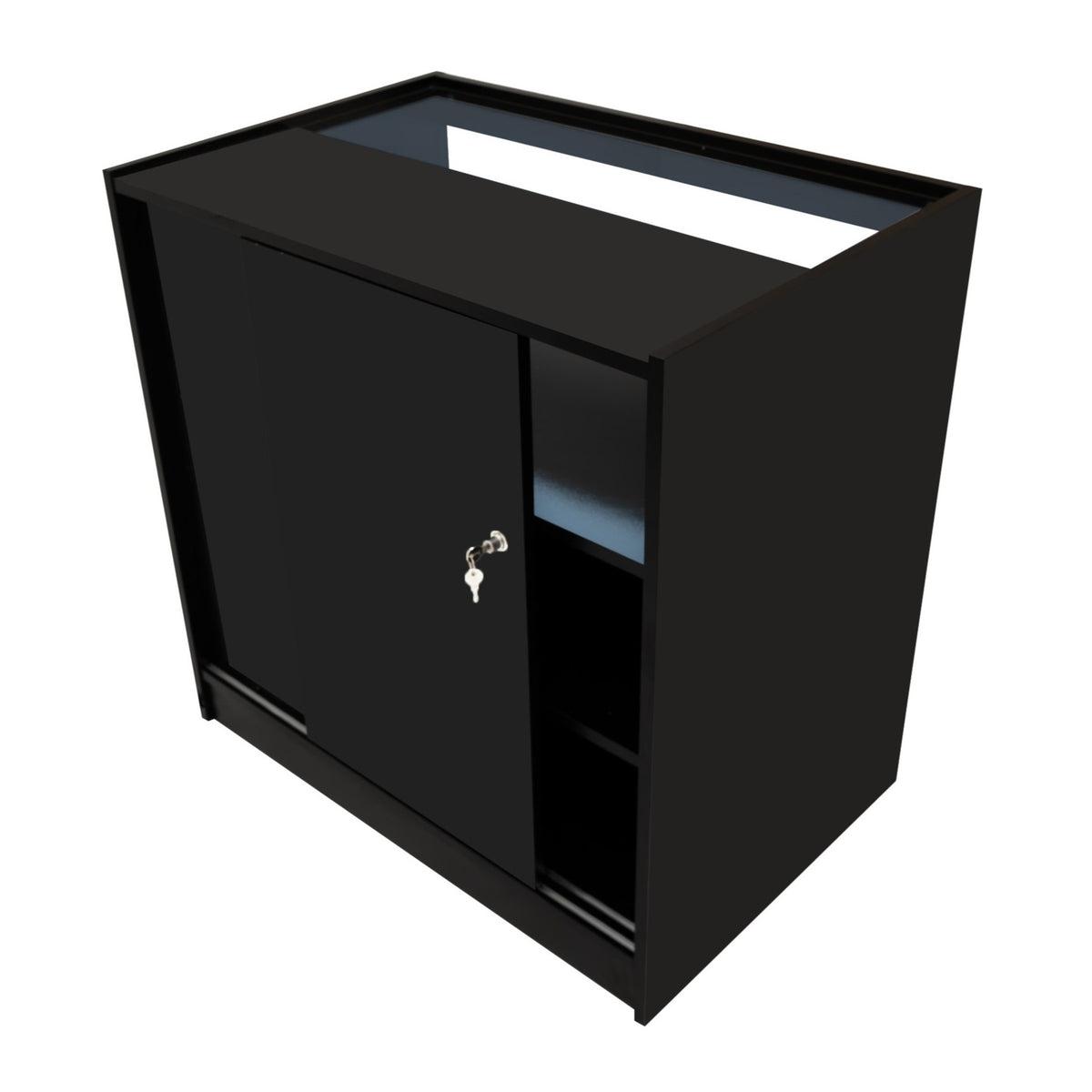 Schwarze LED-Ladentheke mit glatter Oberfläche, abschließbarem Schrank und offenem Regal, ideal für Verkaufsräume und Ausstellungen