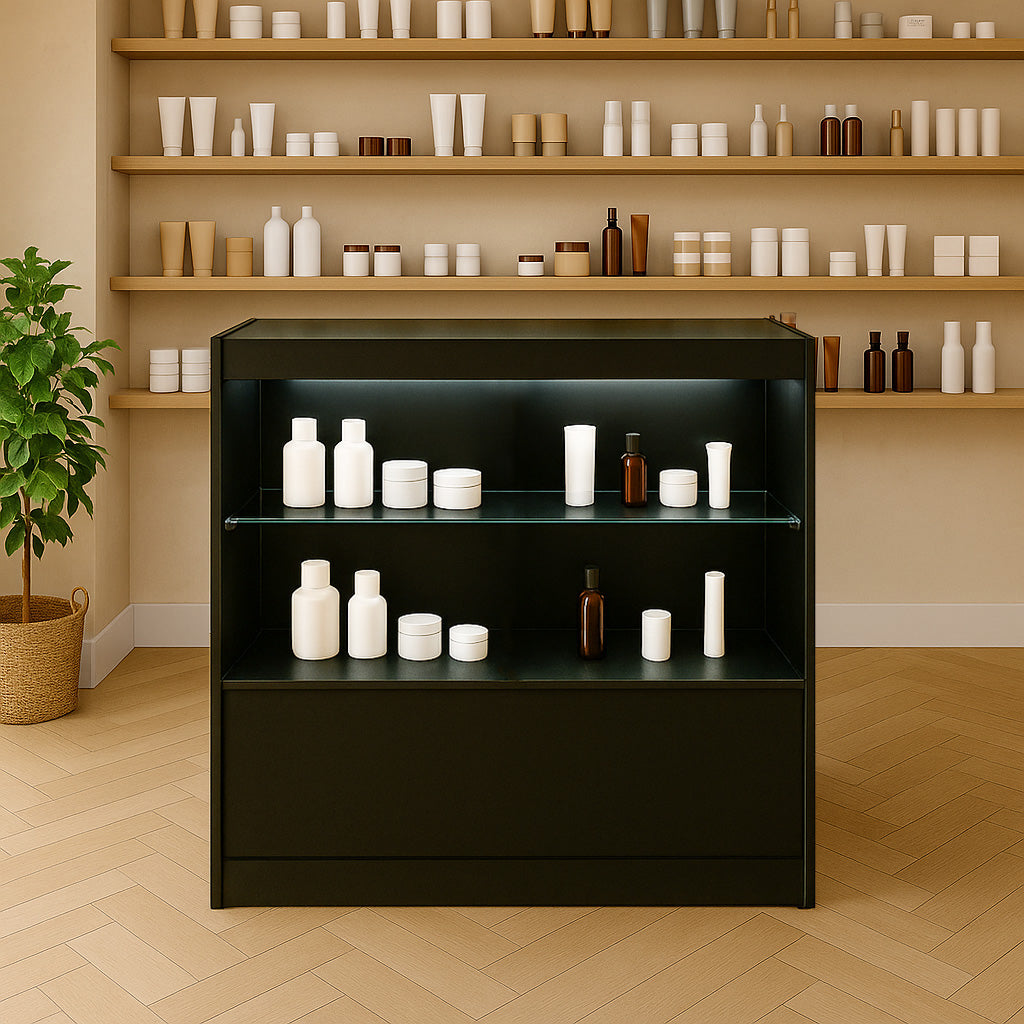 Schwarze LED-Ladentheke mit zwei Glasregalen, umgeben von hellen Wänden und einer Holzregalwand, ideal für die Präsentation von Kosmetikprodukten