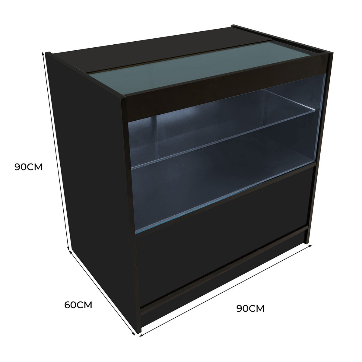 Schwarze LED-Ladentheke mit Glasoberfläche, zwei Regalen und modernem Design, ideal für den Einzelhandel und Ausstellungen