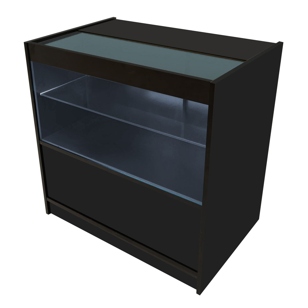 Schwarze LED-Ladentheke mit Glasoberfläche, beleuchtet, zwei Regalen und modernem, minimalistischen Design, ideal für Verkaufsräume