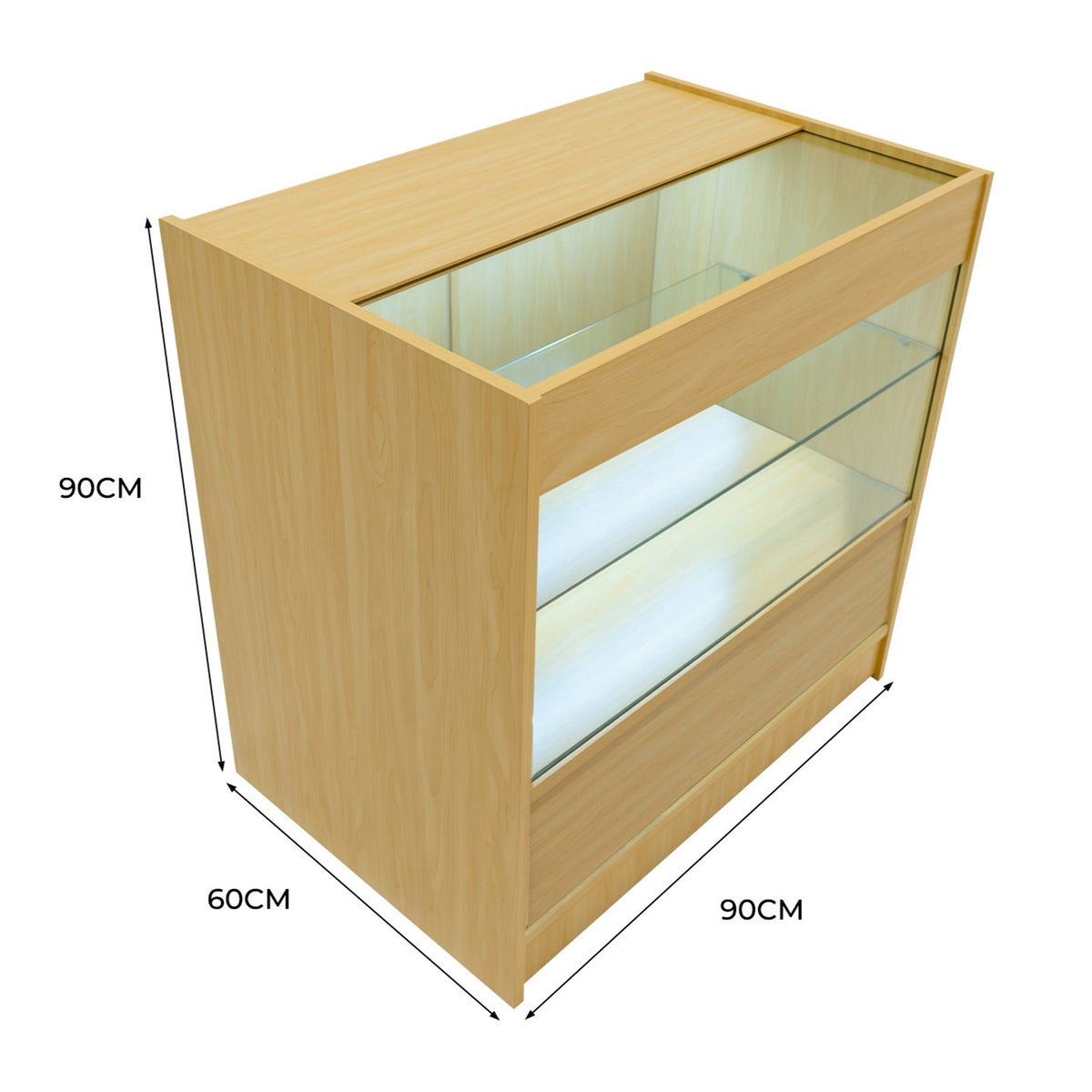Moderne LED-Ladentheke aus hellem Ahornholz, mit zwei Glasregalen und einer gläsernen Front, ideal für die Präsentation von Produkten
