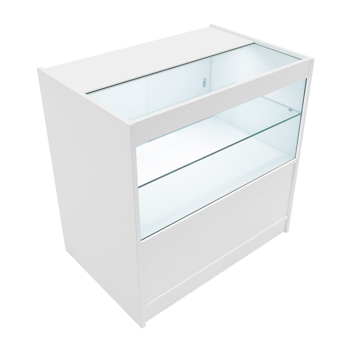 Moderne, weiße LED-Ladentheke mit gläserner Vitrine, ideal für die Präsentation von Produkten, elegantes Design und klare Linien