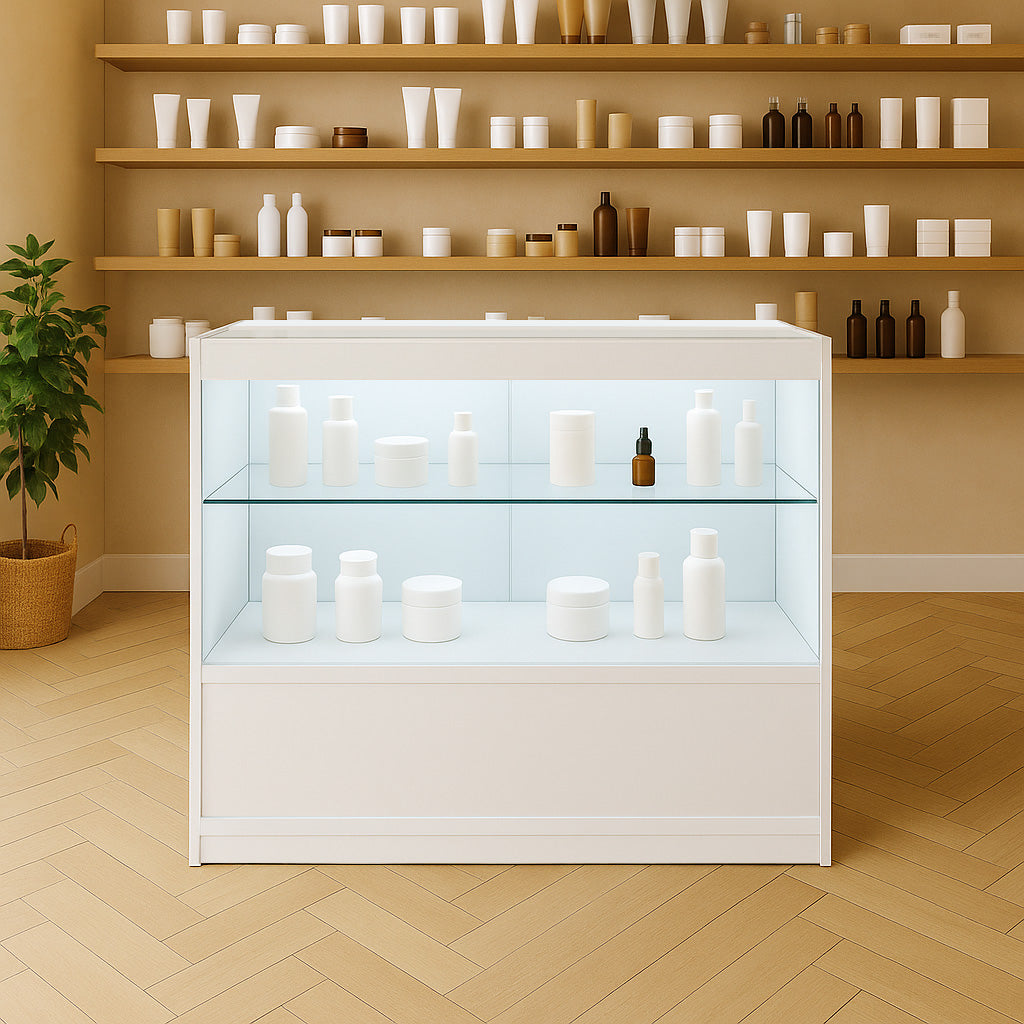 Moderne weiße LED-Ladentheke mit gläsernen Regalen, beleuchtet, präsentiert stilvolle, minimalistische Kosmetikbehälter auf einem hellen Holzboden