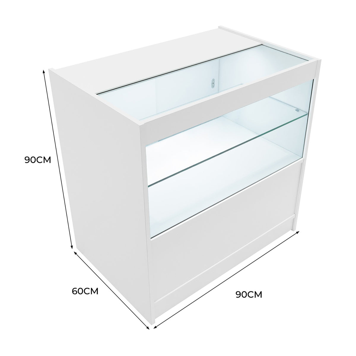 Moderne, weiße LED-Ladentheke mit Glasregalen, 90 cm hoch, 60 cm tief und 90 cm breit, ideal für die Präsentation von Produkten in Geschäften