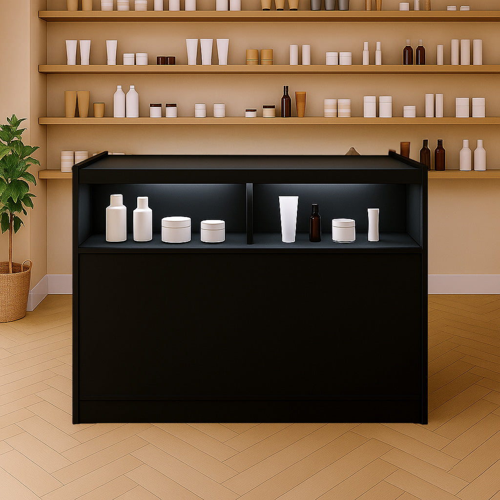 Schwarze LED-Ladentheke mit zwei offenen Fächern, elegant und modern, ideal für Verkaufsräume, um Produkte stilvoll zu präsentieren