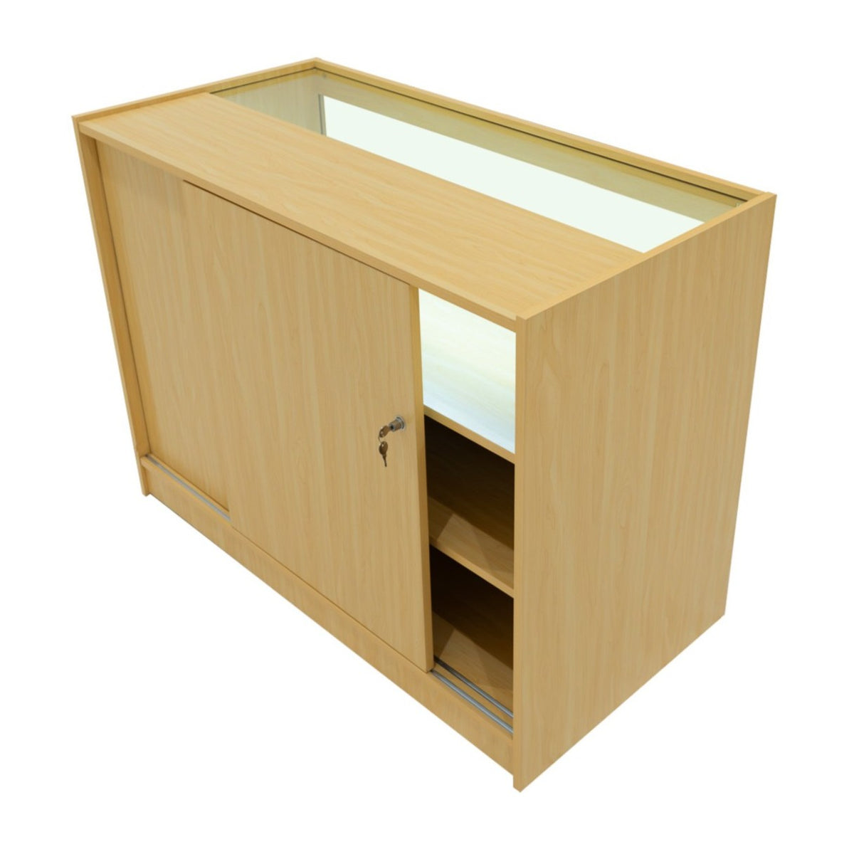 Moderne LED-Ladentheke aus hellem Ahornholz mit gläserner Oberseite, Schiebetür und praktischen Regalen für optimalen Stauraum und Präsentation