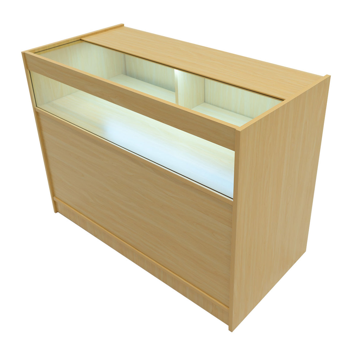 Moderne LED-Ladentheke aus hellem Ahornholz, mit gläserner Vitrine und sanfter Beleuchtung, ideal für die Präsentation von Produkten