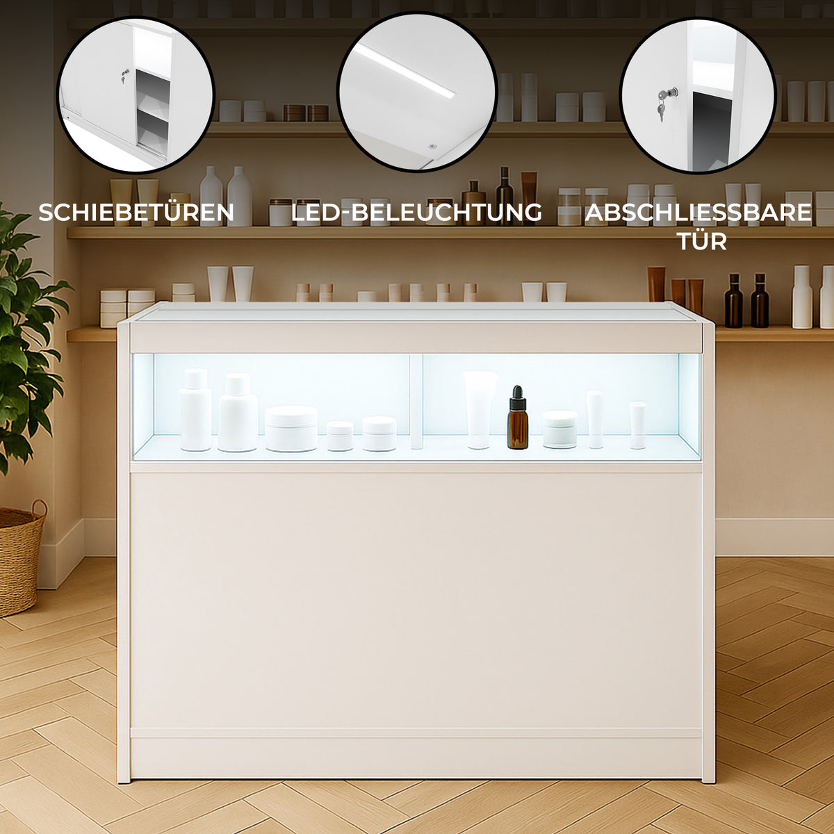Moderne weiße LED-Ladentheke mit Schiebetüren, beleuchtetem Glasfach und eleganter, glatter Oberfläche, ideal für den Einzelhandel