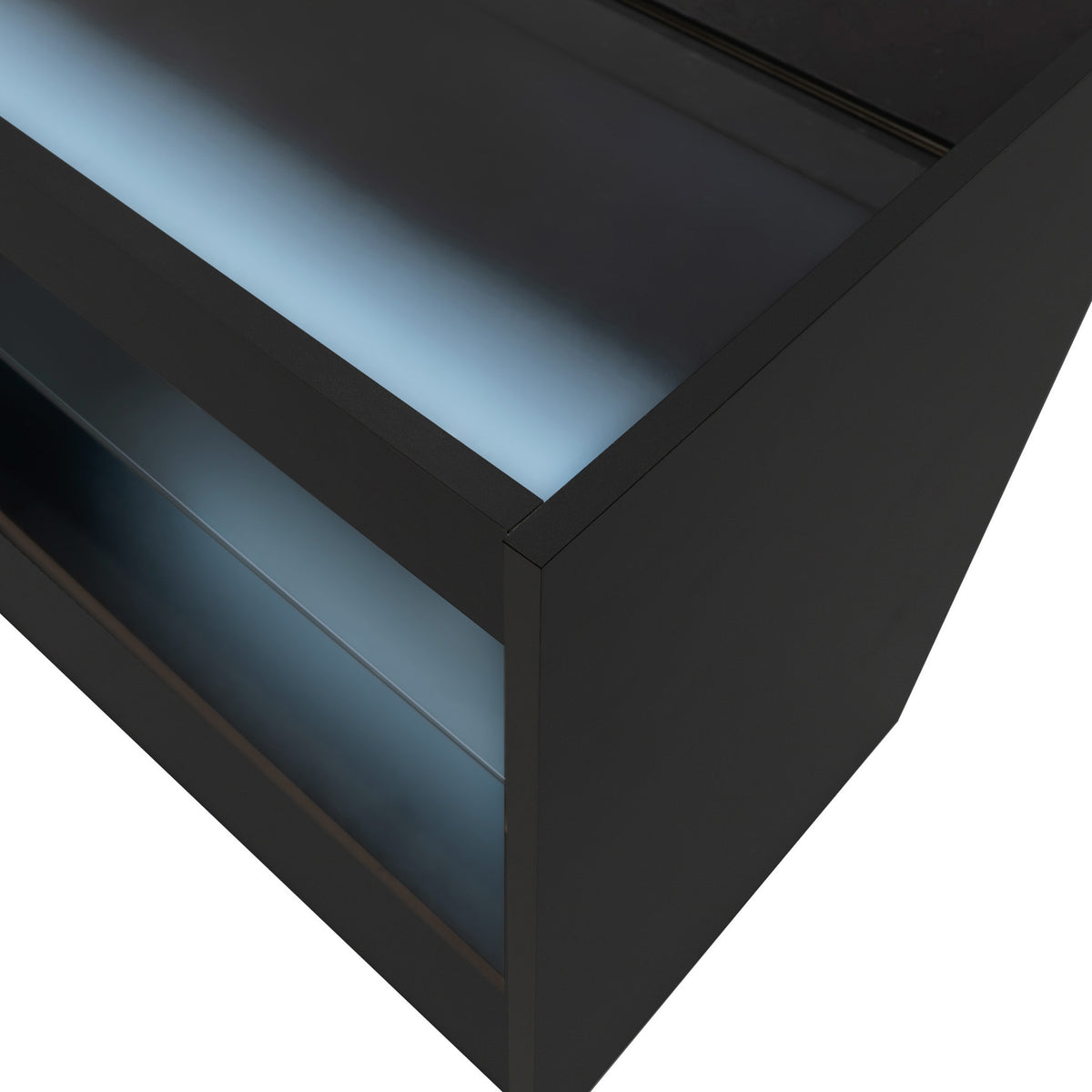 Schwarze C1200 LED-Ladentheke mit glatter Oberfläche, beleuchtetem Regal und modernem, minimalistischen Design für Einzelhandelsgeschäfte