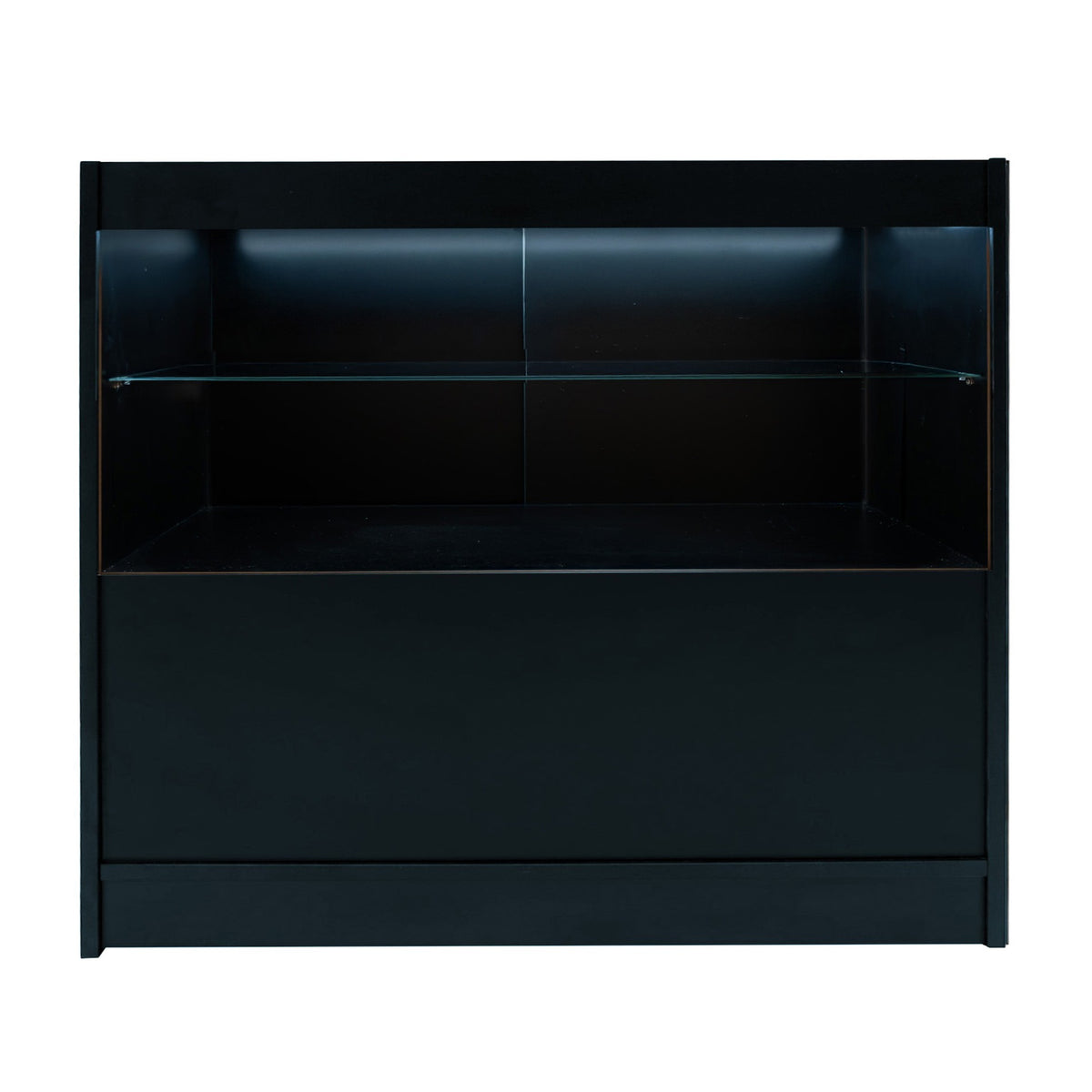 Schwarze LED-Ladentheke mit gläsernem Regal, modernem Design und eleganter, glatter Oberfläche, ideal für Verkaufsräume und Ausstellungen