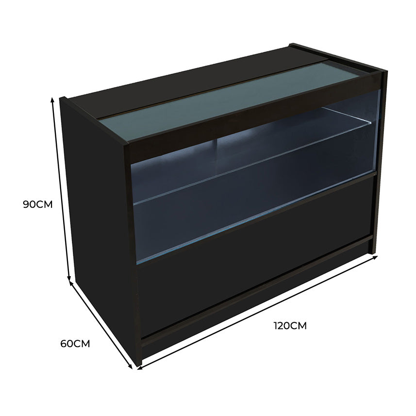 Schwarze LED-Ladentheke mit Glasoberfläche, modernem Design, abgerundeten Kanten und großzügigem Stauraum, ideal für Einzelhandelsgeschäfte
