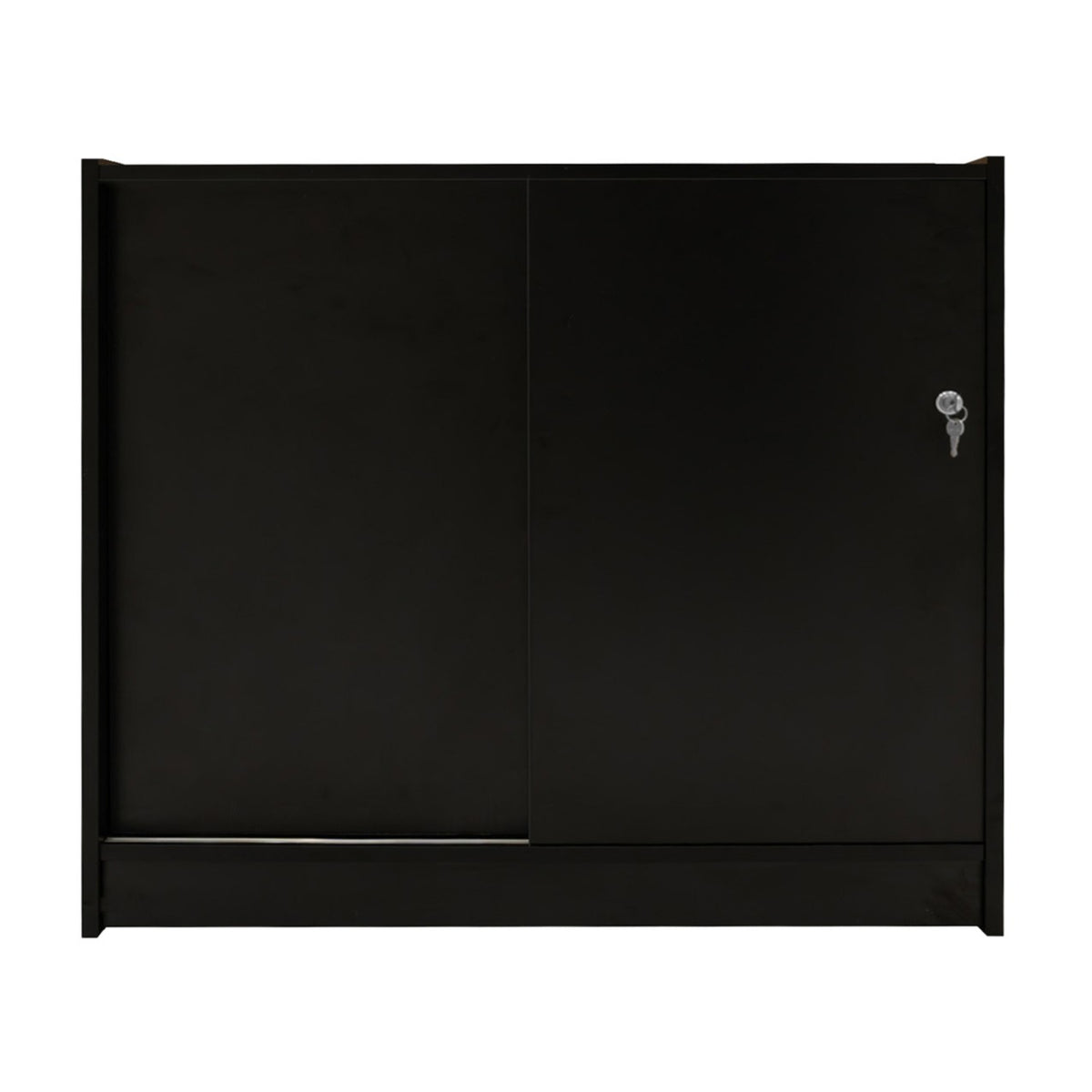 Schwarze LED-Ladentheke mit zwei Schiebetüren, eleganter, glatter Oberfläche und modernem Design, ideal für Verkaufsräume und Ausstellungen