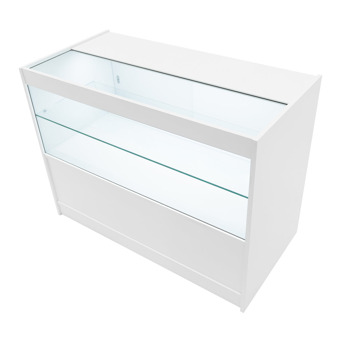 Moderne, weiße LED-Ladentheke mit gläserner Vitrine, zwei Regalen und klaren Linien, ideal für die Präsentation von Produkten im Einzelhandel