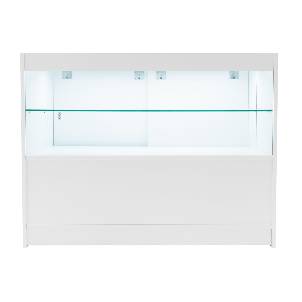 Moderne, weiße LED-Ladentheke mit gläsernen Regalen, ideal für die Präsentation von Produkten in einem eleganten Verkaufsraum