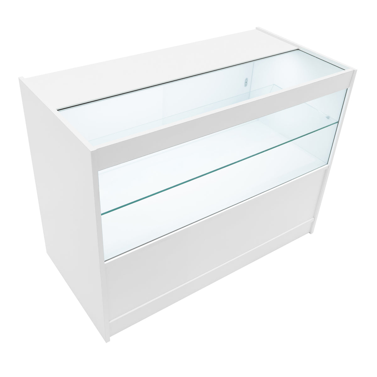 Moderne, weiße LED-Ladentheke mit gläserner Vitrine und klaren Linien, ideal für die Präsentation von Produkten in Geschäften