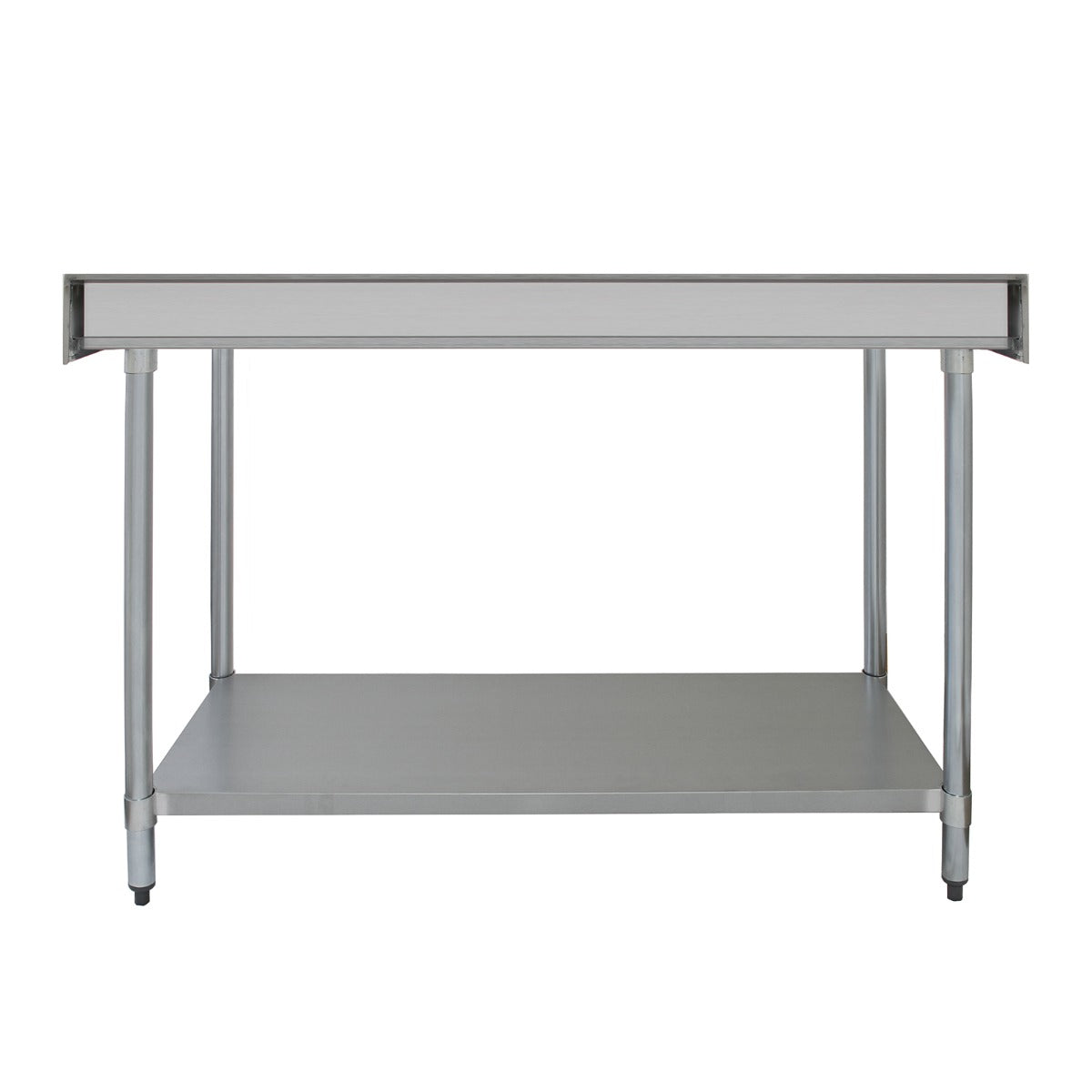 Gastronomie Arbeitstisch aus Edelstahl, 120 cm, mit glatter, glänzender Oberfläche, stabilen Beinen und unterer Ablagefläche für Küchenutensilien