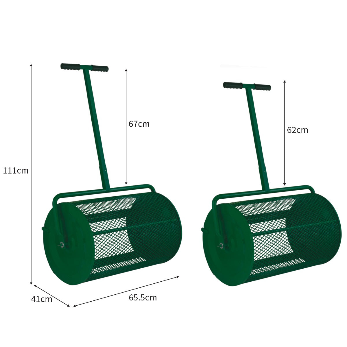 Grüner Garten Kompoststreuer mit einem stabilen Gestell, großem Netzbehälter und ergonomischem Griff, ideal zum einfachen Verteilen von Kompost