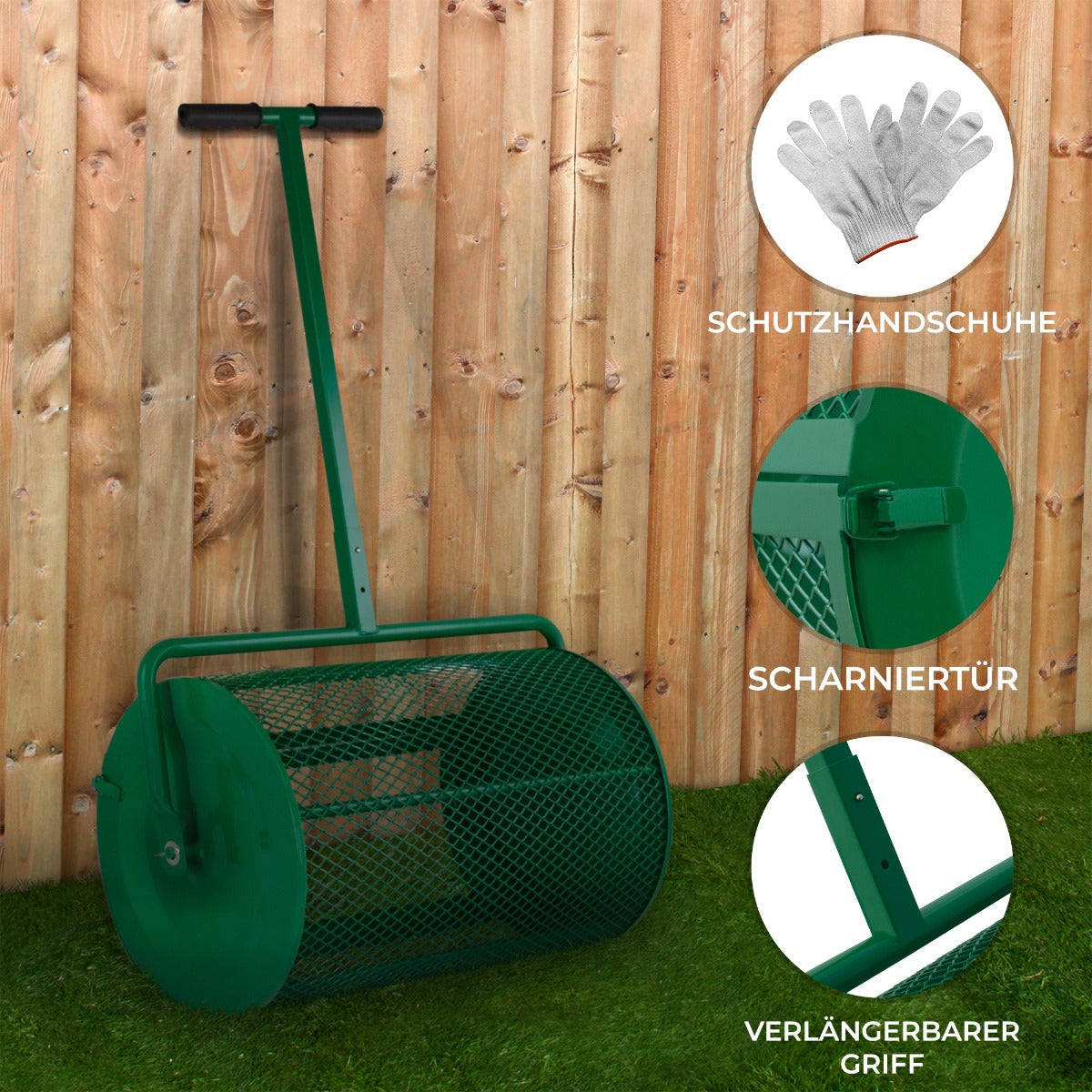 Grüner Garten Kompoststreuer aus Metall mit einem großen, runden Behälter, einem verlängerten Griff und einer Scharniertür für einfachen Zugang