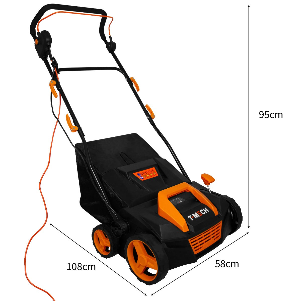 Schwarzer T-Mech Staubsauger für Kunstrasen mit orangefarbenen Akzenten, großen Rädern und ergonomischem Griff, ideal für die Rasenpflege