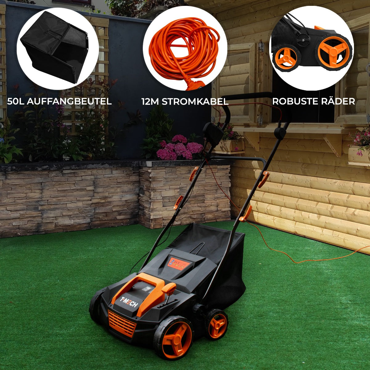 T-Mech Staubsauger für Kunstrasen mit orangefarbenen Details, robusten Rädern, 50L Auffangbeutel und 12m Stromkabel, ideal für die Gartenpflege