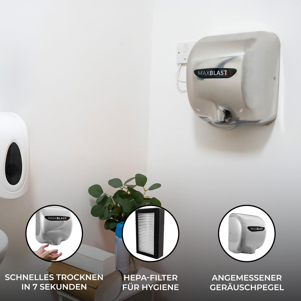 Automatischer Händetrockner in silberner Edelstahloptik mit HEPA-Filter, ideal für hygienische und schnelle Trocknung in 7 Sekunden