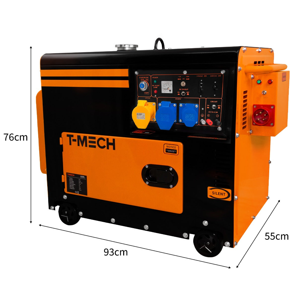 T-Mech Diesel Generator in Schwarz und Orange, kompakt, mit Bedienfeld, Rädern und geräuschloser Funktion, Maße 93x55x76 cm