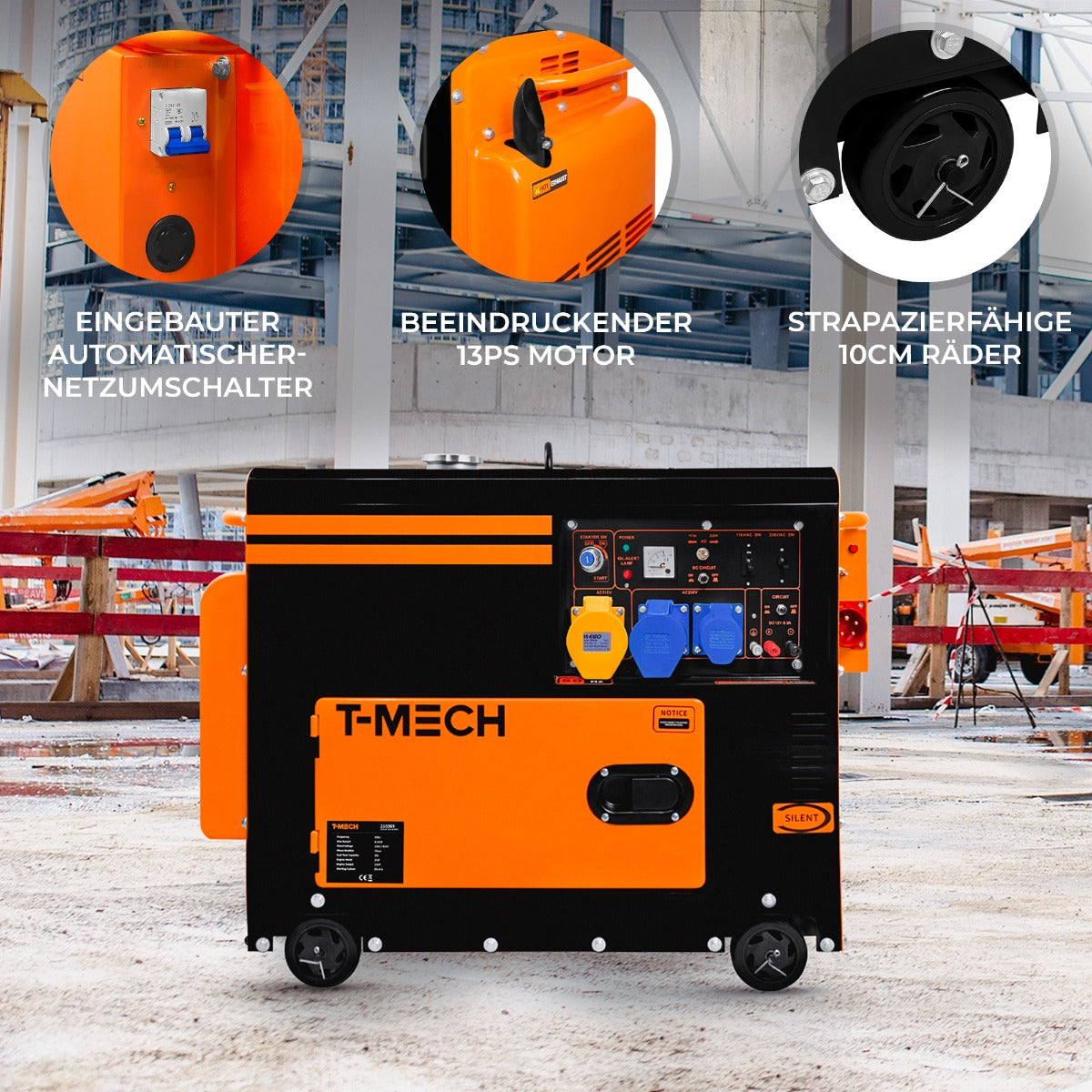 T-Mech Diesel Generator in leuchtendem Orange und Schwarz, ausgestattet mit einem 13PS Motor, automatischem Netzumschalter und robusten 10cm Rädern