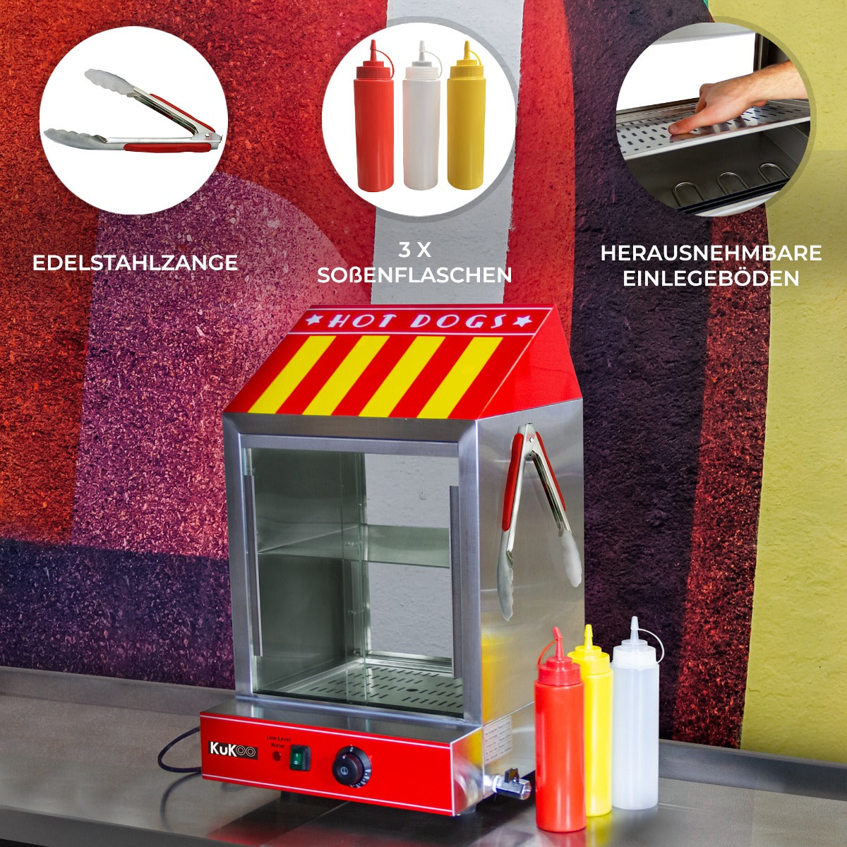 Der KuKoo Gastro Hot Dog Wärmer mit rotem und gelben Design, Edelstahlzange, drei Saucenflaschen und herausnehmbaren Einlegeböden für einfache Reinigung