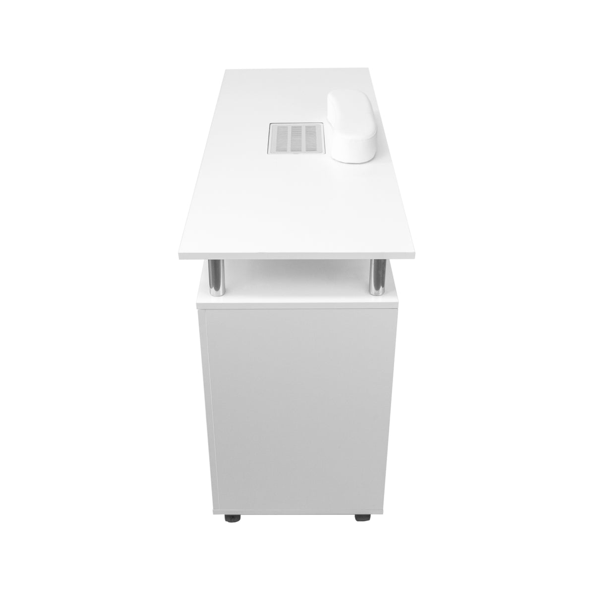 Professioneller Maniküretisch in elegantem Weiß, mit glatter Oberfläche, integrierter Belüftung und modernem, minimalistischen Design für Salons