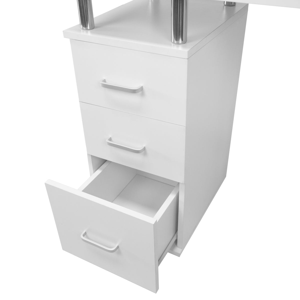Professioneller Maniküretisch in Weiß mit zwei Schubladen, glatten Oberflächen und stabilen Metallbeinen, ideal für Nagelpflege im Salon