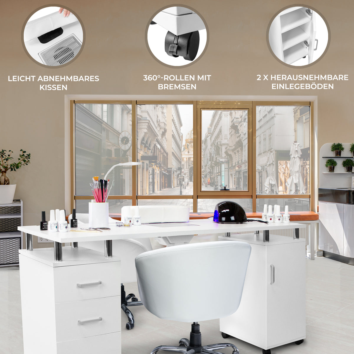 Professioneller Maniküretisch in Weiß mit abnehmbarem Kissen, 360°-Rollen, zwei herausnehmbaren Einlegeböden und modernem Design für Salons