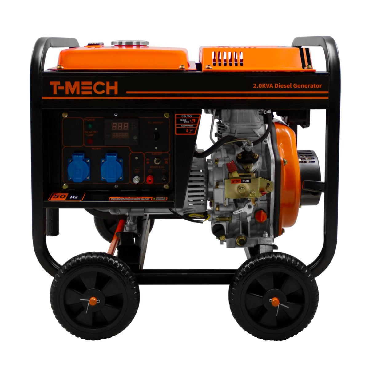 Offener T-Mech Dieselgenerator mit 2kVA, orange-schwarzer Rahmen, zwei blaue Steckdosen, robustes Design, leicht beweglich auf Rädern