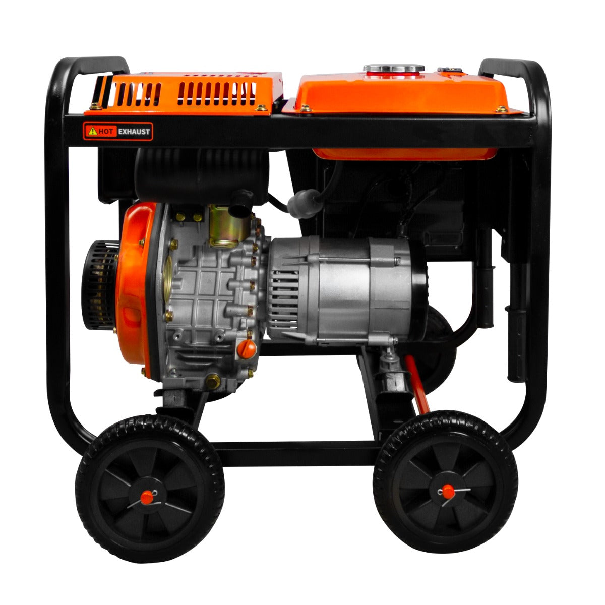 Offener Dieselgenerator in orange und schwarz, kompakt mit robustem Rahmen, zwei Rädern, ideal für mobile Stromerzeugung, 2kVA Leistung