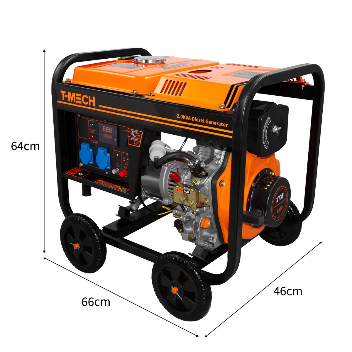 Offener T-Mech Dieselgenerator in leuchtendem Orange und Schwarz, 2kVA, mit robustem Rahmen, großen Rädern und Bedienfeld für einfache Nutzung