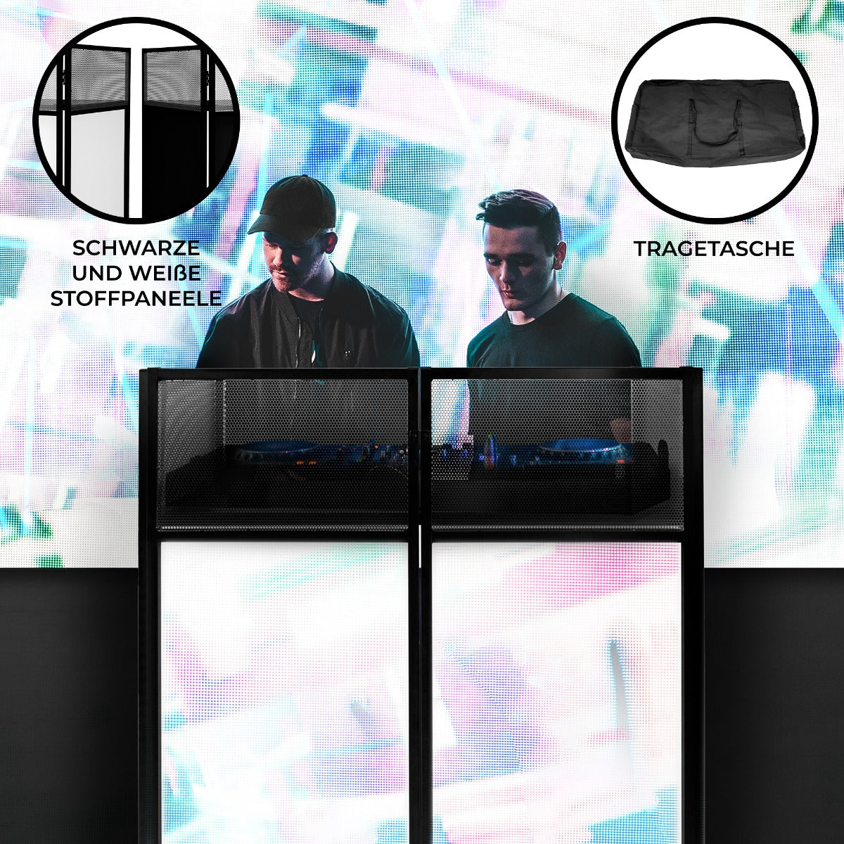 Schwarze DJ Booth Kabine mit weißen Stoffpaneelen, ausgestattet mit einer Tragetasche, ideal für Veranstaltungen und mobile DJs